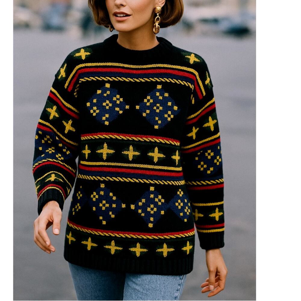 Mondi Womens Sweater 3D knit Wool *Medium Colorful Geometric 90s Artsy Oversized